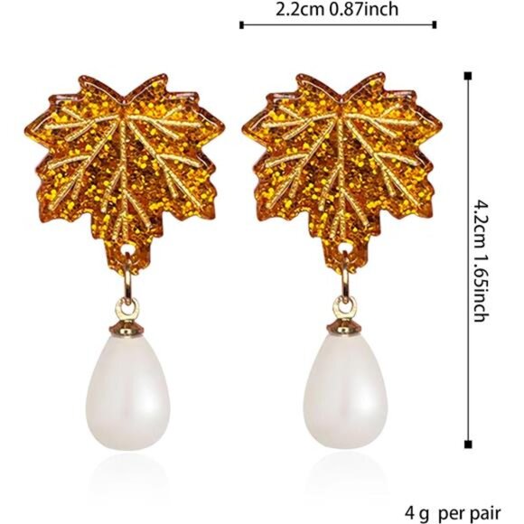 Fall Maple Leaf Earrings | Sparkly Orange Red Dangle Drops - Picture 4 of 5